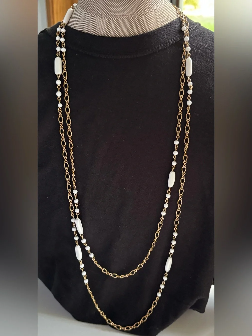 Vintage 1960s Uranium Custard Glass Milk Glass Long Gold Tone Station Necklace